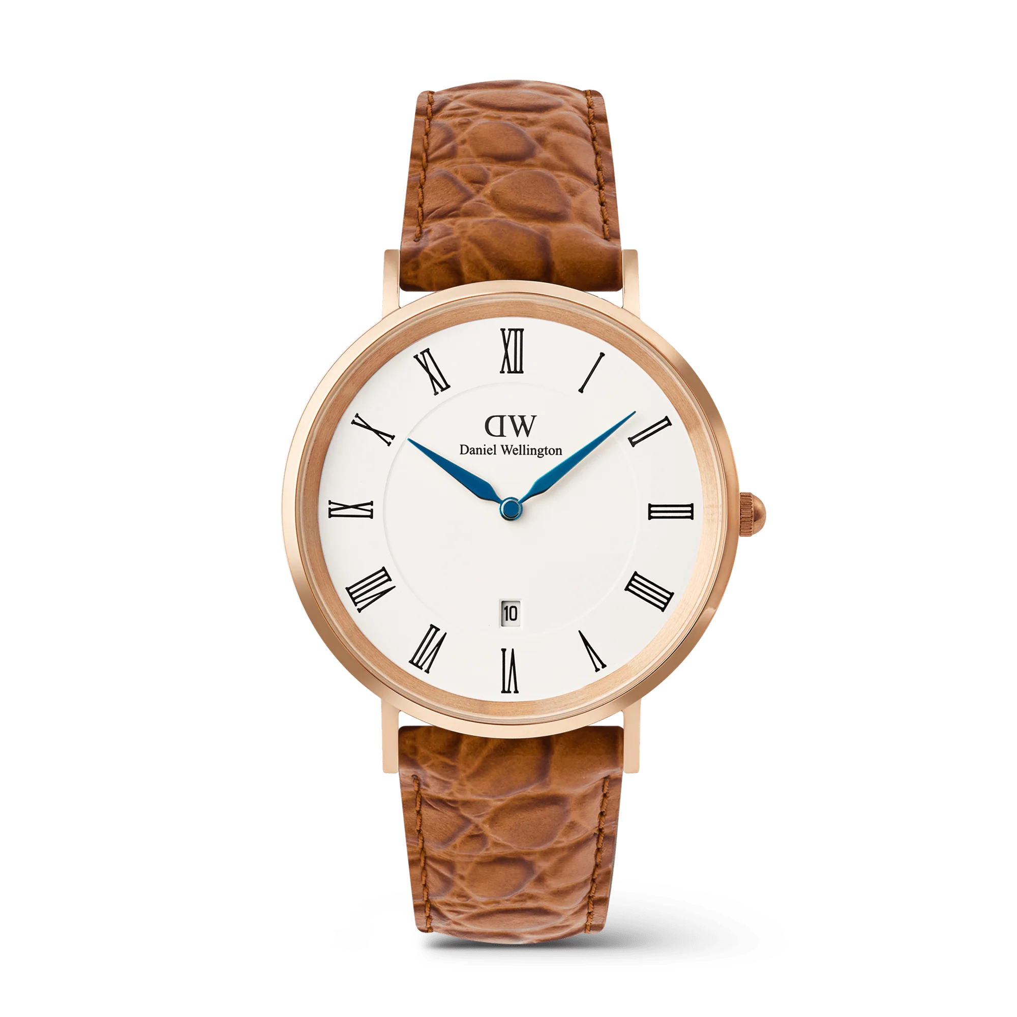 Classic Roman Numerals Date Light Brown Croc Belly Rose Gold